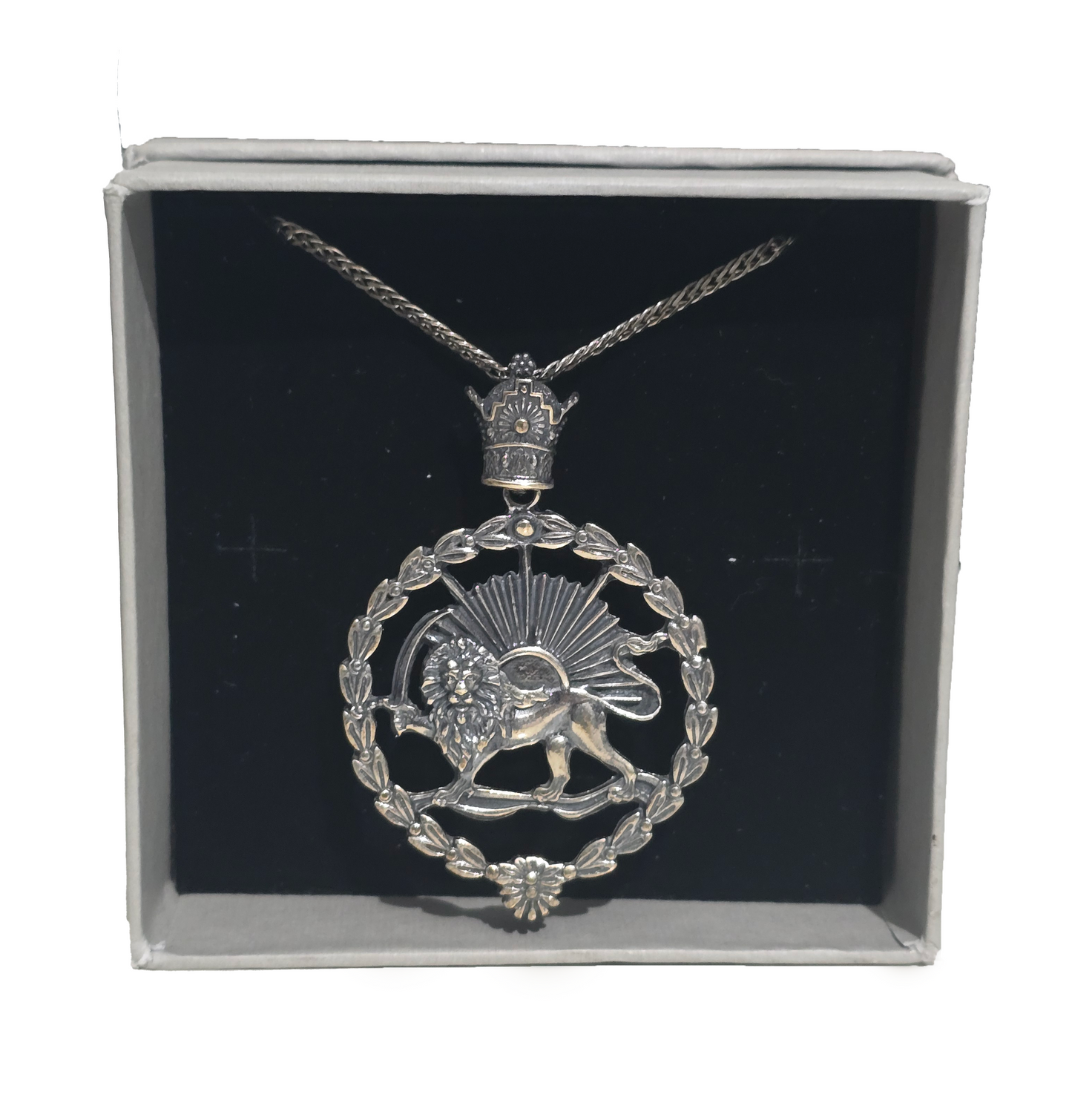 Sterling Silver Shir Khorshid Necklace | Persian Lion Sun Pendant with Pahlavi Crown | Iranian Heritage Jewellery