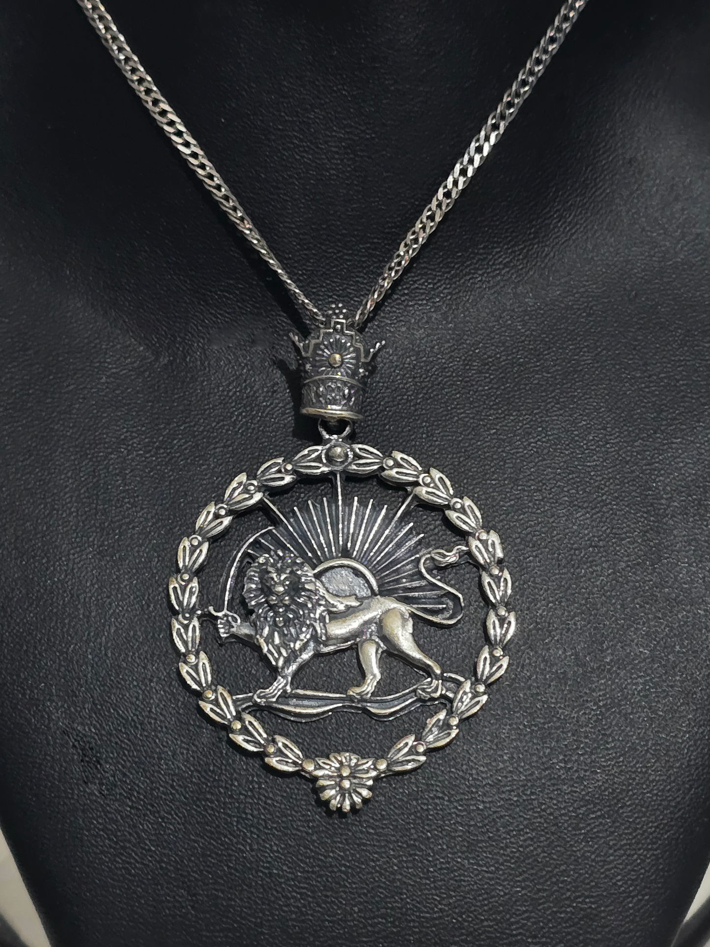 Sterling Silver Shir Khorshid Necklace | Persian Lion Sun Pendant with Pahlavi Crown | Iranian Heritage Jewellery