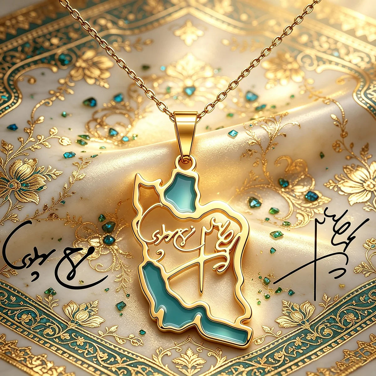 Iran Map Necklace With Mohammad Reza Shah Pahlavi & Queen Farah Signature