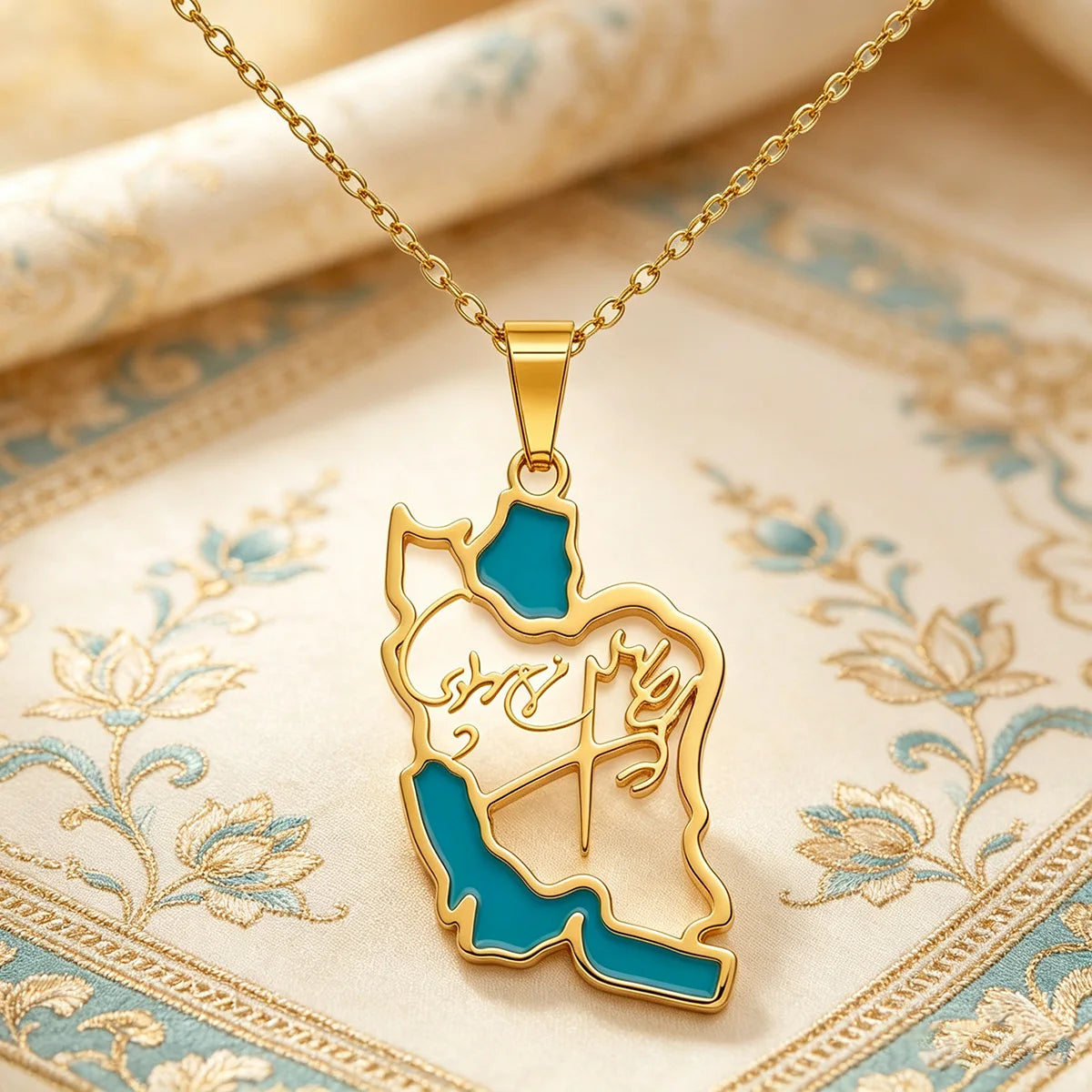 Iran Map Necklace With Mohammad Reza Shah Pahlavi & Queen Farah Signature