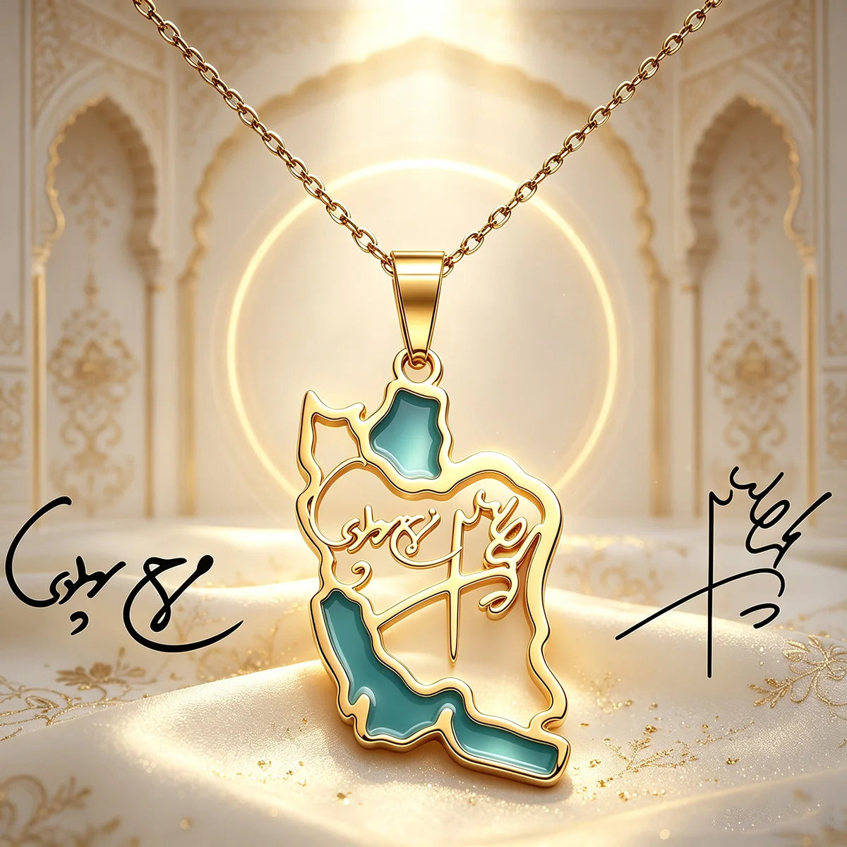 Iran Map Necklace With Mohammad Reza Shah Pahlavi & Queen Farah Signature
